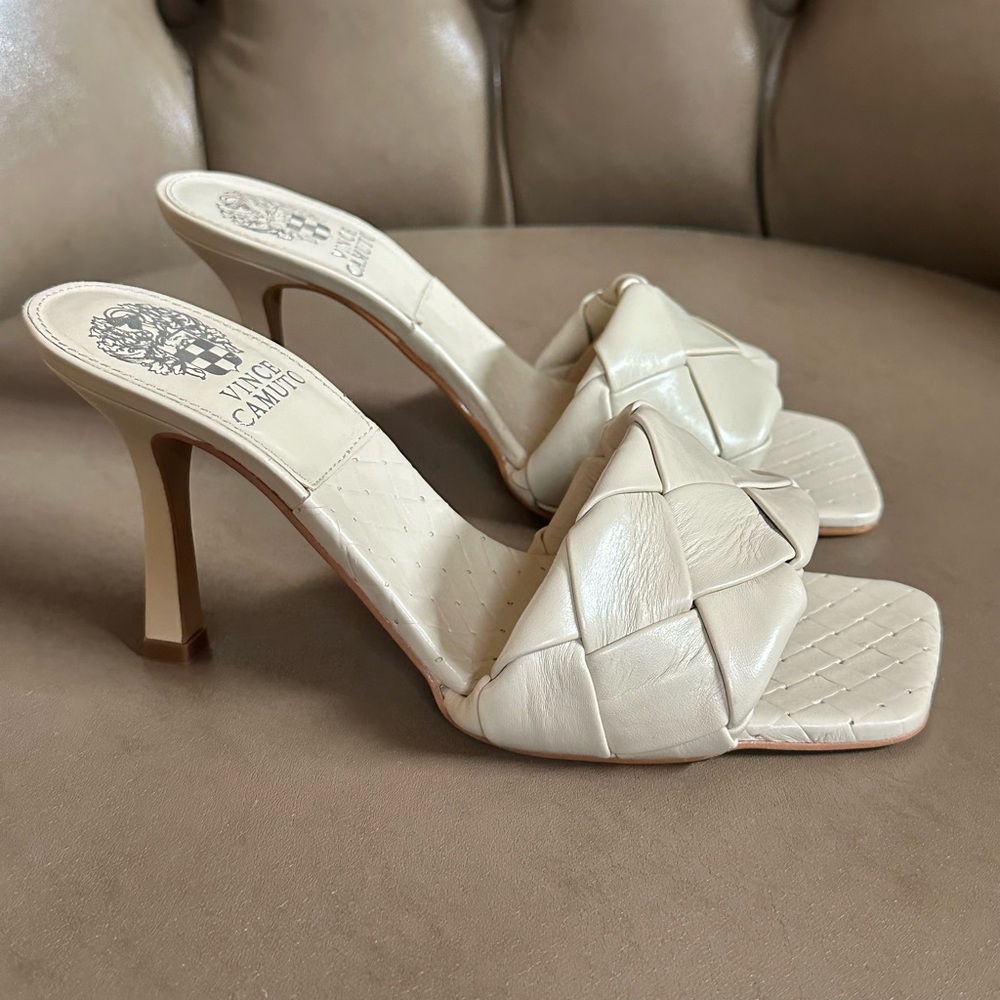 Vince Camuto Woven Leather Brelanie Bone Mule Sandal Heels
